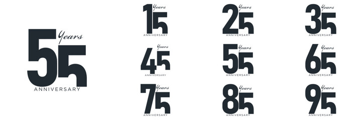  set anniversary 15 to 95 year logo designs. abstract number, icon, vector illustration