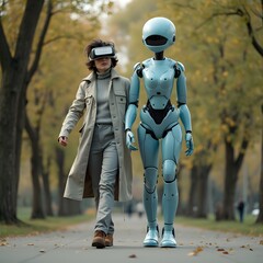 A humanoid avatar walking alongside its user in a park, seamlessly blending into the real world through augmented reality