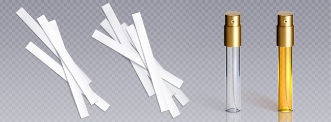 Paper test strips and perfume testers set - white fragrance blotters in piles, glass vials with gold sprayers, empty and filled containers displaying yellow liquid for cosmetic aroma sampling. © klyaksun