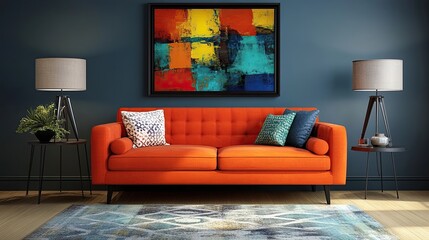 Vibrant orange sofa against wall with frame in modern living room