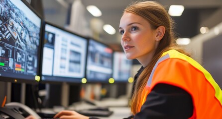 Female manager in a high-visibility vest sitting at a desk with multiple monitors displaying floor plans and data graphs.
