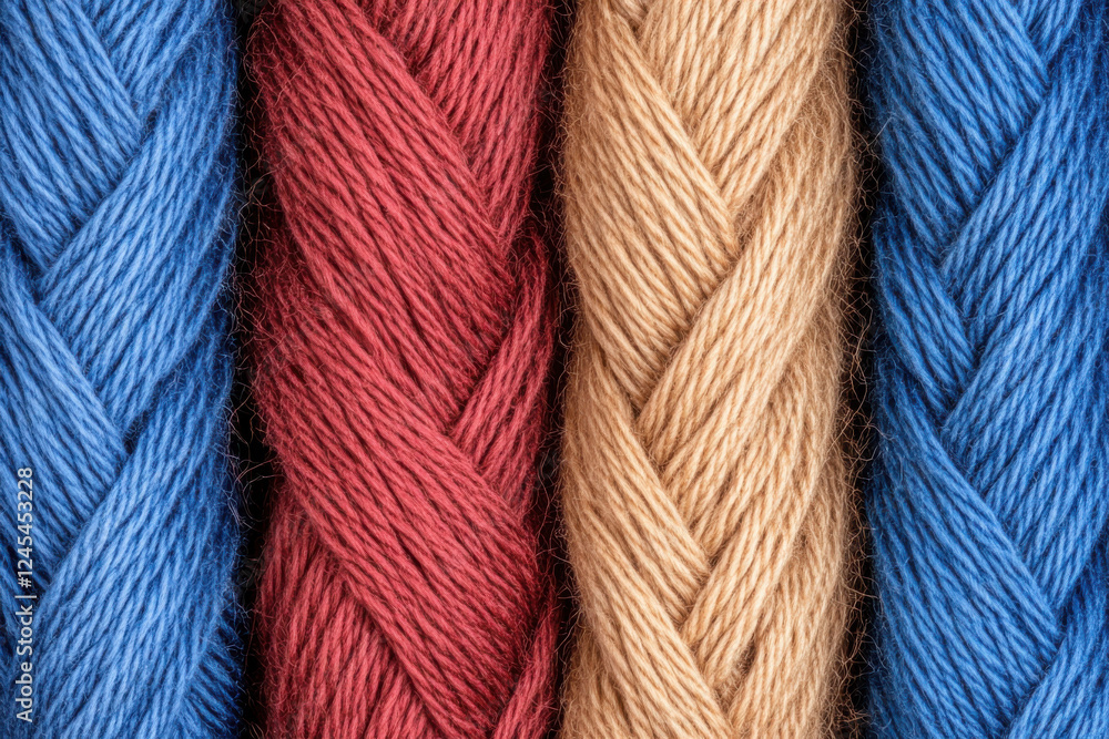 Poster four different colored yarns, each with a different color and texture