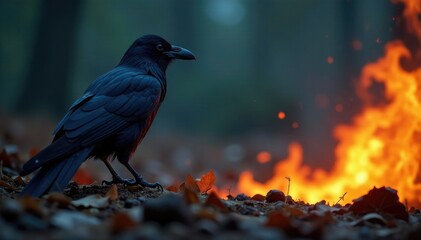 Fototapeta premium The raven blends with the darkness as it watches the burning flame, , raven camouflage