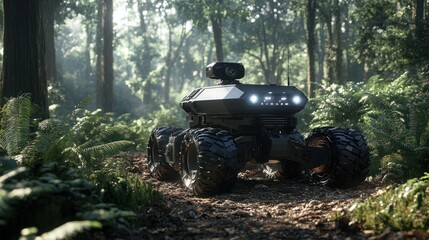 Robotic vehicle traversing a dense forest path.