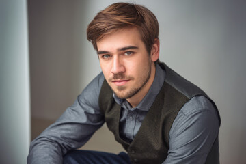 Fototapeta premium Portrait of young man sitting on stool in studio