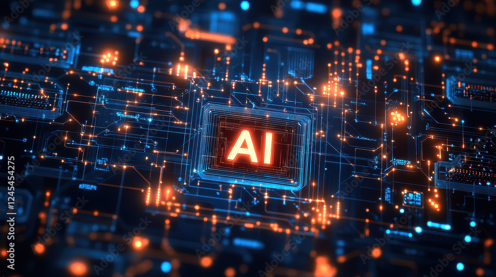 Poster abstract futuristic digital background with a glowing circuit board and the text 