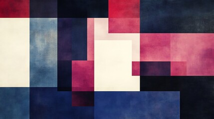 Fototapeta premium Abstract painting features overlapping crimson navy squares soft light. AI Generated