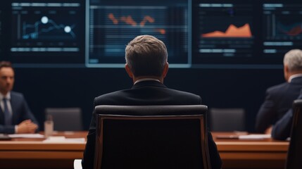 Enhancing Decision-Making Through AI and Automation Business meeting with a focus on data analytics displayed on screens in a modern conference room.