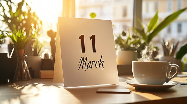 Modern Workspace with March 11 Calendar and Coffee