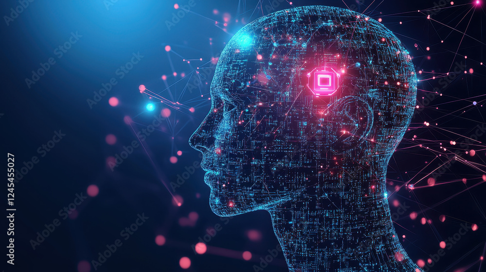 Poster digital illustration of an ai head with digital connections and glowing lights, symbolizing artifici