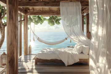 オーシャンビューのハンモックがあるリラックス空間のトロピカルベッドルーム | Tropical Bedroom with Hammock and Ocean View for Ultimate Relaxation