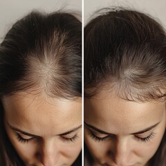 A side-by-side image of a woman dealing with hair loss