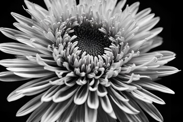 Black and White spider bloom chrysanthemum flower on a black background
