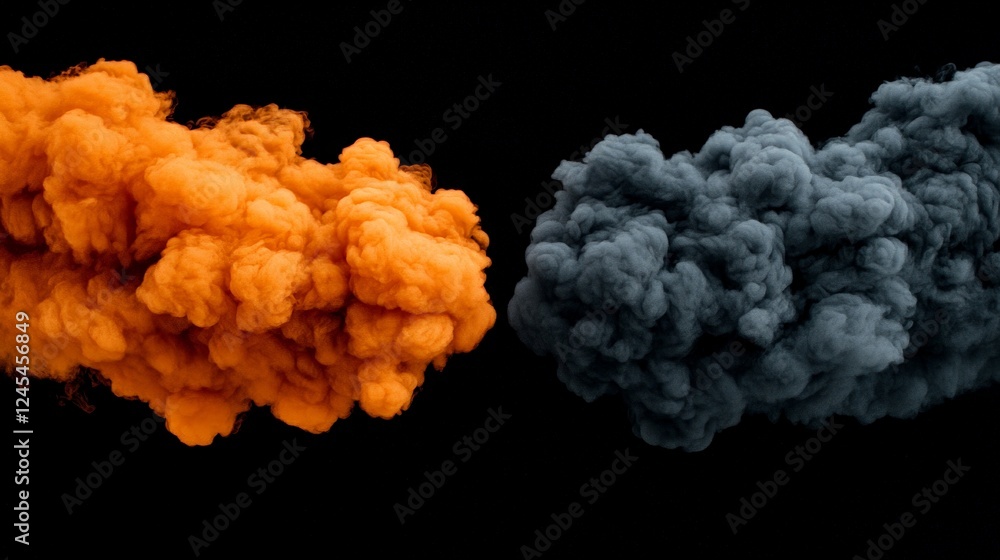 Poster abstract ink clouds: two vibrant clouds of orange and dark gray ink swirl against a stark black back