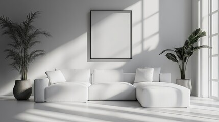 White sofa near wall with mock-up frame in minimalist modern living room