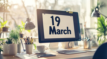 Tranquil Workspace with March 19 Calendar Display