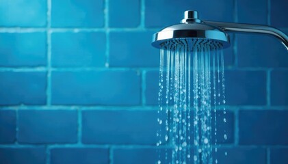 Obraz premium Modern showerhead with water droplets falling on blue tile background, splash, blue, bathroom tile
