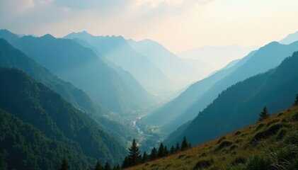 Obraz premium Misty mountains rising from foggy valley floor, mountainous, foggy