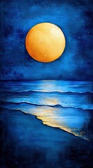 Mystical Watercolor Painting of a Moonlit Ocean, Capturing the Tranquility and Beauty of Nighttime Seascapes in Vibrant Colors
