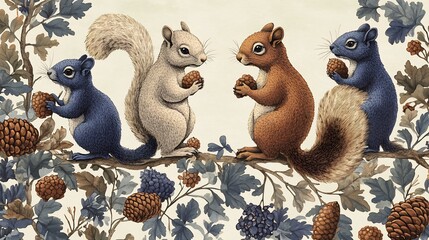 Charming squirrels gather autumn bounty soft light enhances whimsical illustration. AI Generated