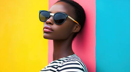 Fototapeta premium A fashionable woman wearing sunglasses stands against a colorful wall