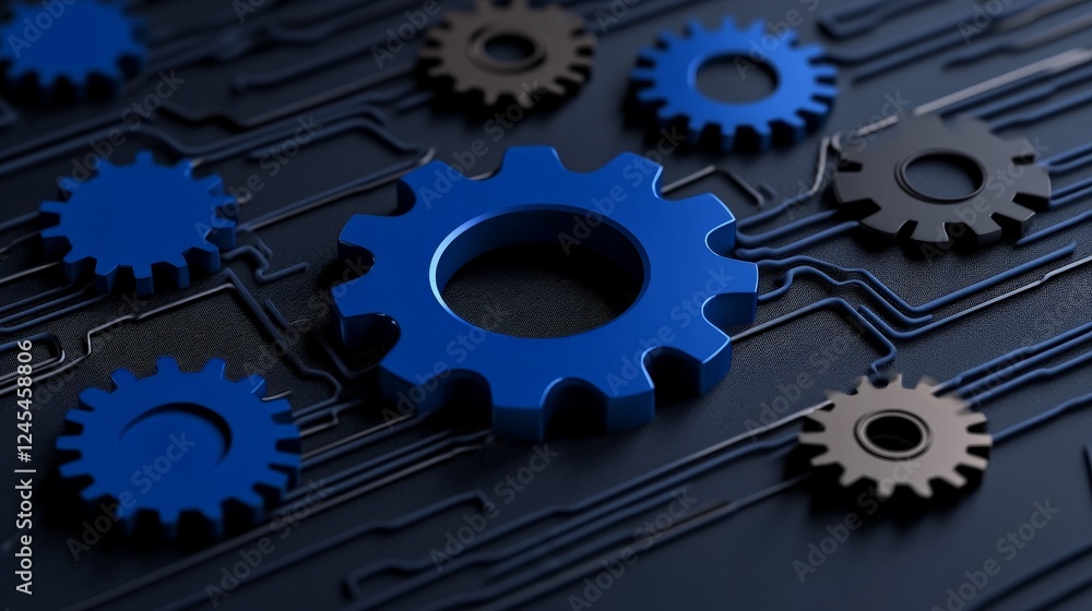 Poster blue cogs on circuit board: a captivating image showcasing blue and black cogs interlocked on a text