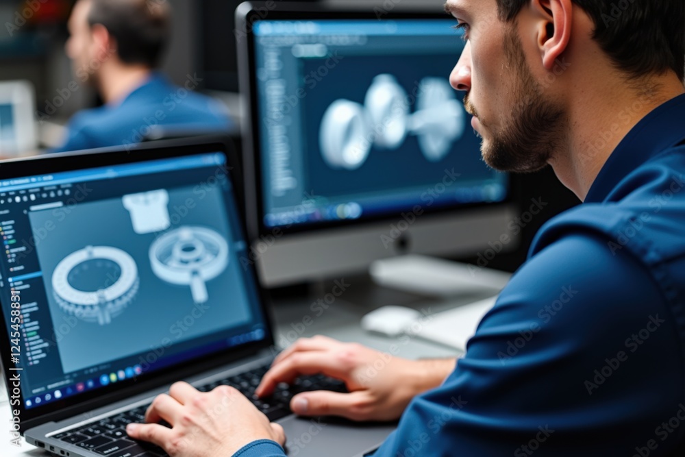 Fototapete A Male Engineer Analyzing 3D Mechanical Designs on a Laptop in a Modern Office Workspace, Focused on Computer-Aided Design and Digital Prototyping