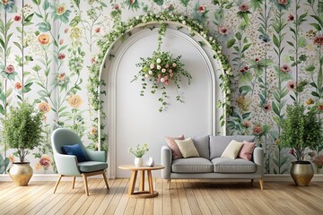 Obraz premium Scandinavian Floral Arch Wallpaper Texture Double Exposure Stock Photo