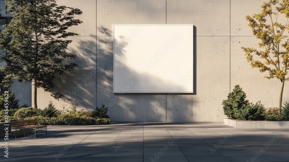 Aufkleber minimalist white square frame mockup hanging on modern wall surrounded by trees and greenery for art