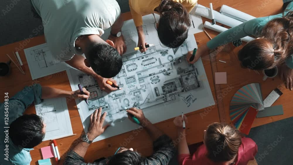 Poster top down view of civil engineer team writing at blueprint at meeting table with color palettes. grou