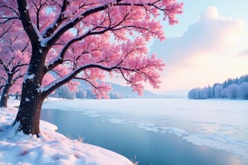 Frosty pink tree branches stretch towards icy sky, frozen lake, serene scenery