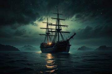 Jolly Roger in the sky over the sailing ship