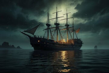 Obraz premium Jolly Roger in the sky over the sailing ship