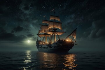 Obraz premium Jolly Roger in the sky over the sailing ship