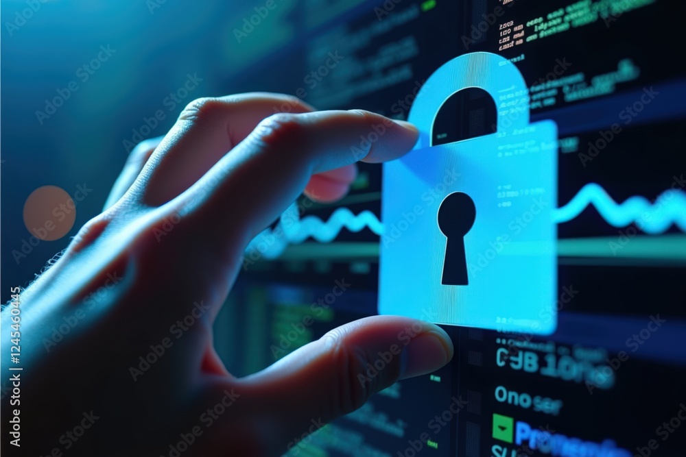 Poster a close-up of a hand placing a digital lock icon in front of a dark screen filled with code lines, r
