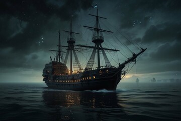 Jolly Roger in the sky over the sailing ship