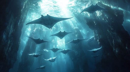 Majestic manta rays gracefully glide through the depths of the ocean illuminating rays