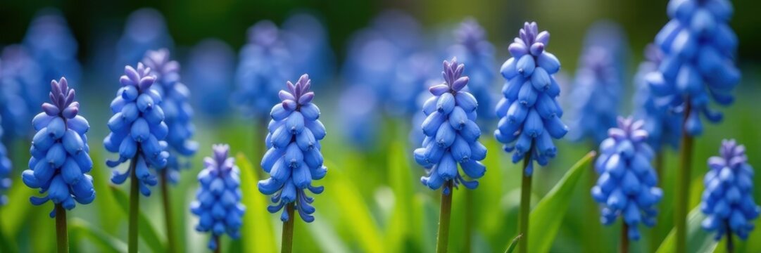 Delicate blue blooms on Muscari paradoxum Bellevalia Pycnantha in shade, shade garden, spring bloom