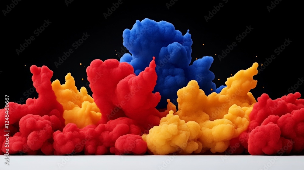 Poster abstract color explosion: vibrant red, blue, and yellow ink clouds collide and swirl, creating a dyn