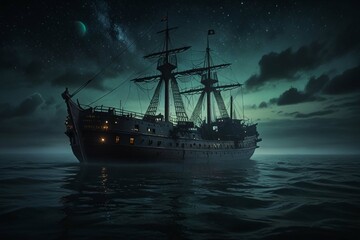 Fototapeta premium Jolly Roger in the sky over the sailing ship