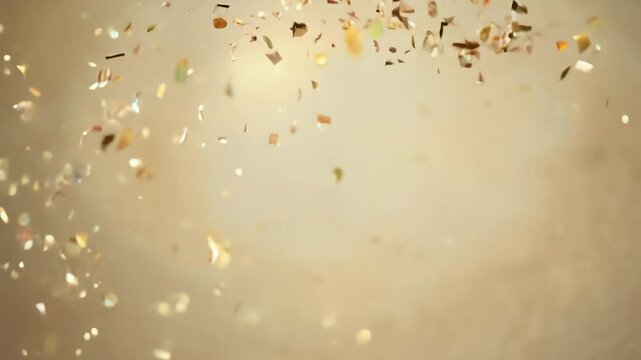 360-degree rotation video where small, circular confetti in earth tones gently swirls against a sandy beige backdrop, ambient, diffused lighting