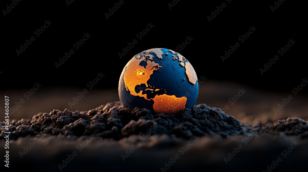 Poster our fragile planet: a symbolic image depicting a glowing earth emerging from dark soil, emphasizing 
