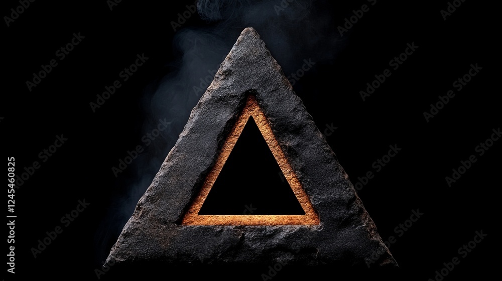 Poster burning triangle enigma: a mysterious triangular frame, carved from dark stone and glowing with an i