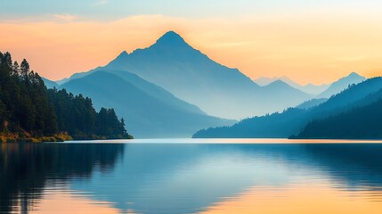 Serene mountain lake reflects soft sunset hues. AI Generated