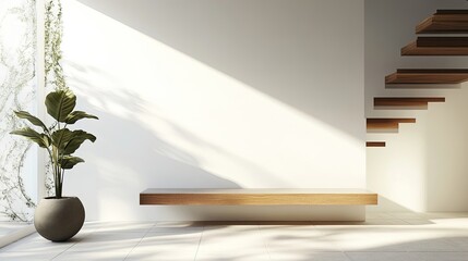 Wooden bench near white wall and staircase in home entryway