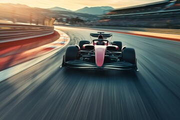 Formula 1 car speeding around a bend on a track.