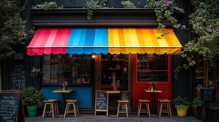 Colorful Cafe with Striped Awning and Outdoor Seating