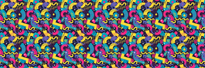 Obraz premium Seamless pattern with geometric shapes in the style. Multicolored vintage background with triangles, circles and squares for textile, fabric and Sudanese fabric art.