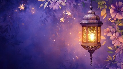 Ornate Ramadan Lantern with Mystical GlowDecorative Lantern with Candle and Bokeh Lights