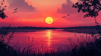 A breathtaking crimson sunset with birds flying over the tranquil lake with reflections